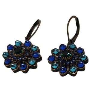 Michal Golan Dangle Earrings Designer‎ Signed Blue Rhinestone Leverback One Inch